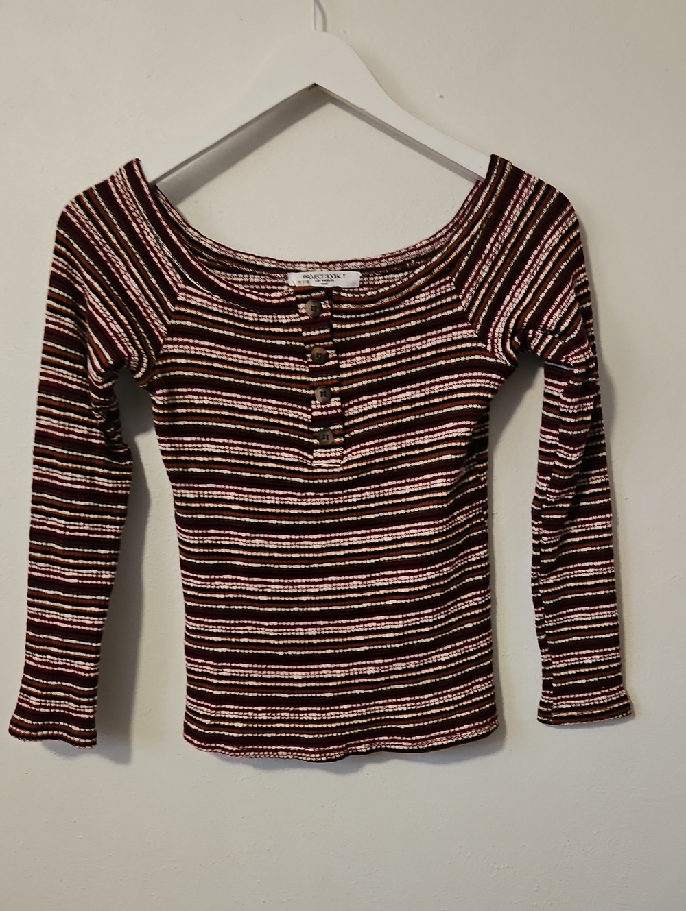 Project Social T Striped Ribbed Henley Long-Sleeve Top - Burgundy